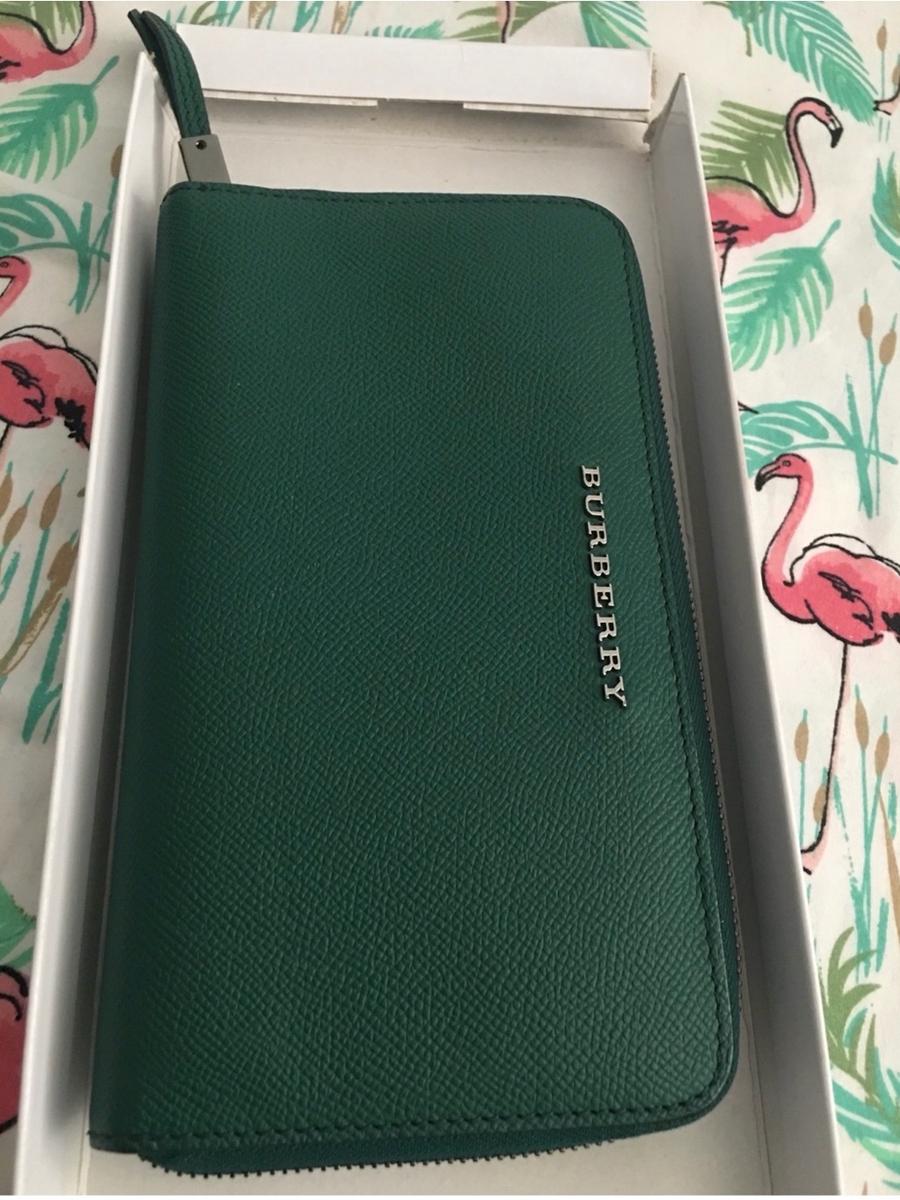 Burberry Emerald Green Zip Wallet with Silver Logo